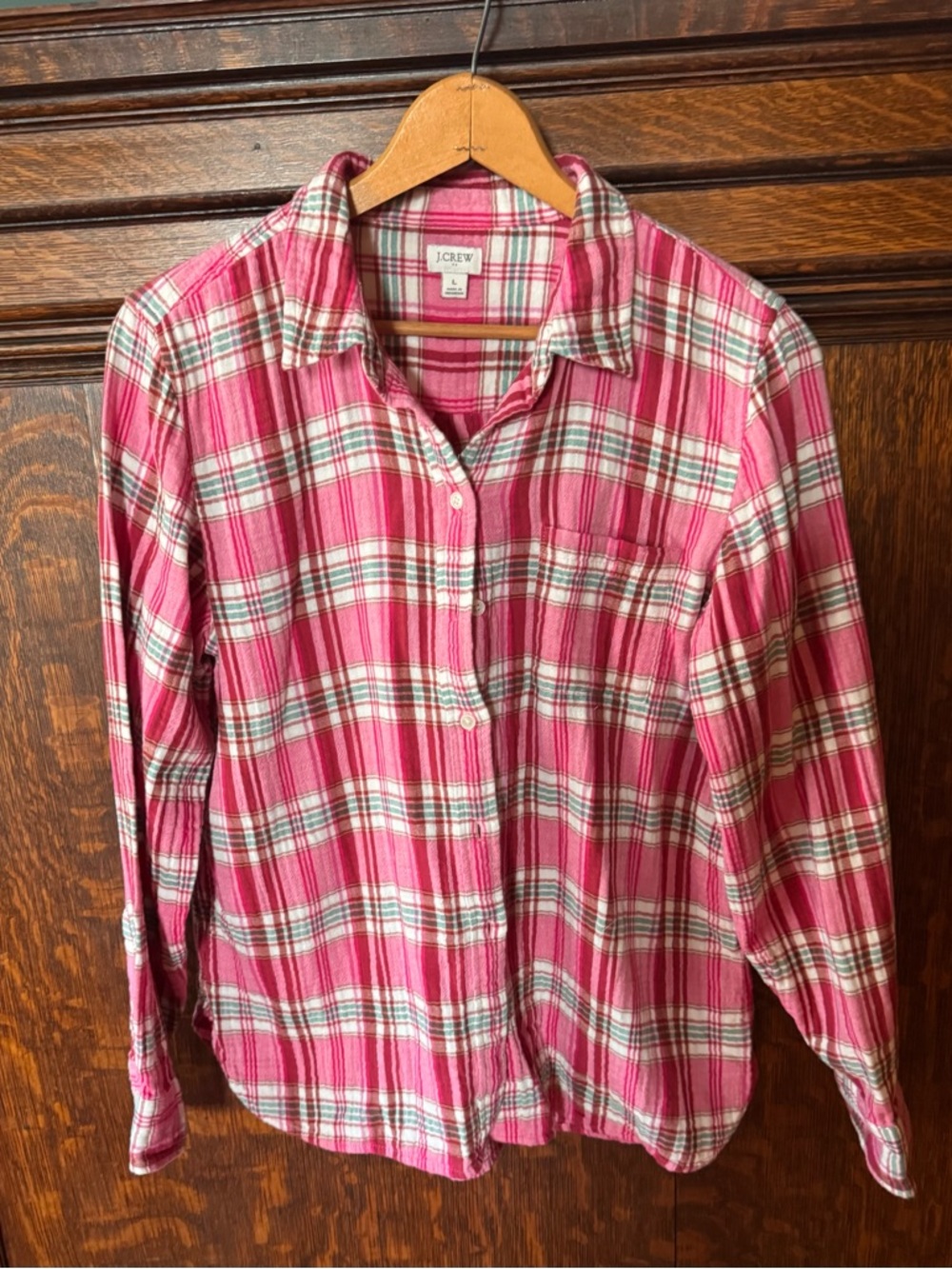 J.Crew Bright Pink Plaid Lightweight Button-Down Shirt, size large